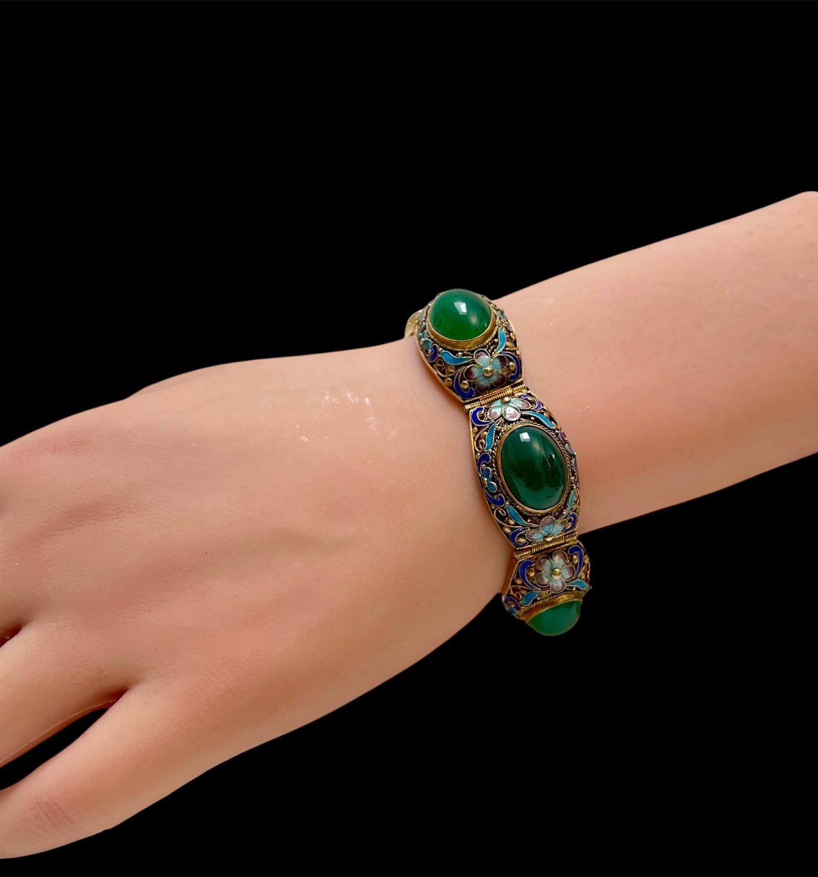 Chinese silver gilt bracelet with green agate stones