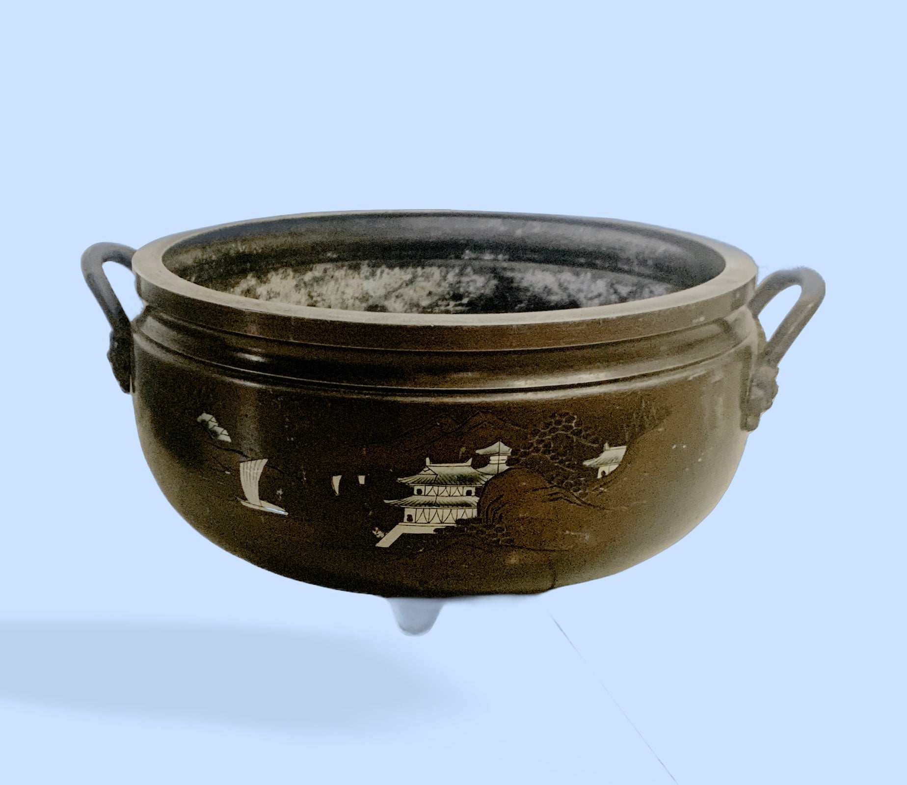 A large Japanese bronze two-handle tripod censer,