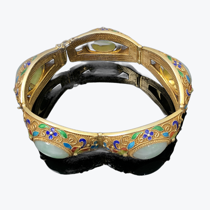 Chinese Antique Filigree Enamelled Silver Gilt Jadeite Bracelet, 5 Links