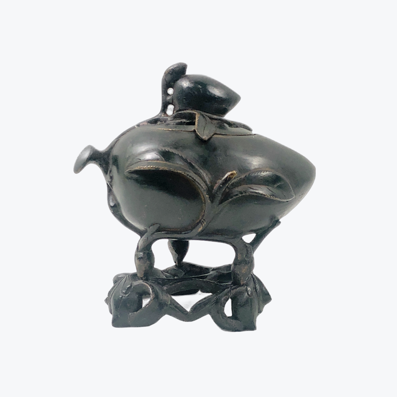 Chinese Bronze Peach Shaped Censer and Cover on Stand, Six-character Mark On Base, 19th Century,14cm 铜香炉