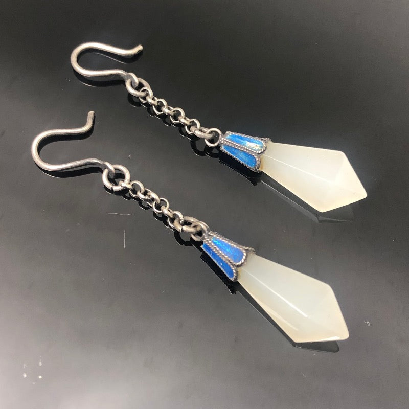 Antique Chinese White Jade Silver Enamel Earrings