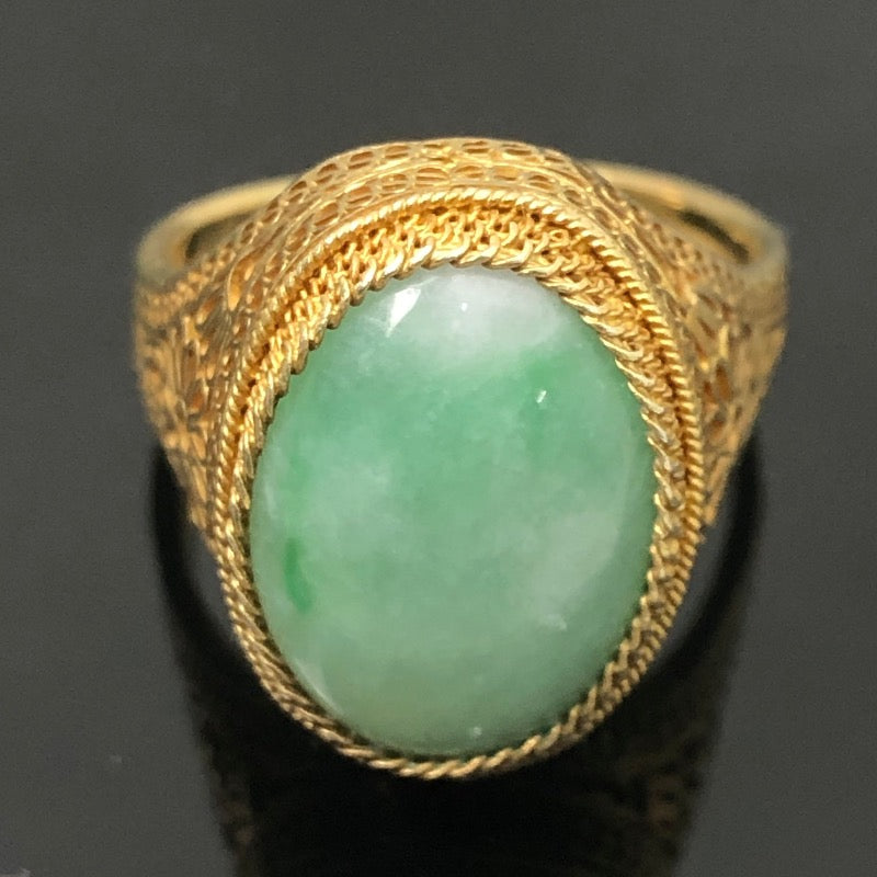 Chinese Filigree Silver Gilt Jadeite Ring