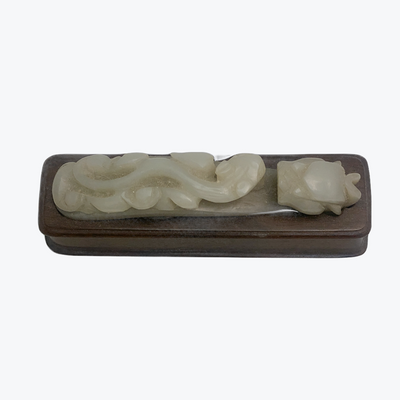 Chinese Greyish-White Jade Belt Hook, Rosewood Stand, Early 20th Century. 白玉带钩