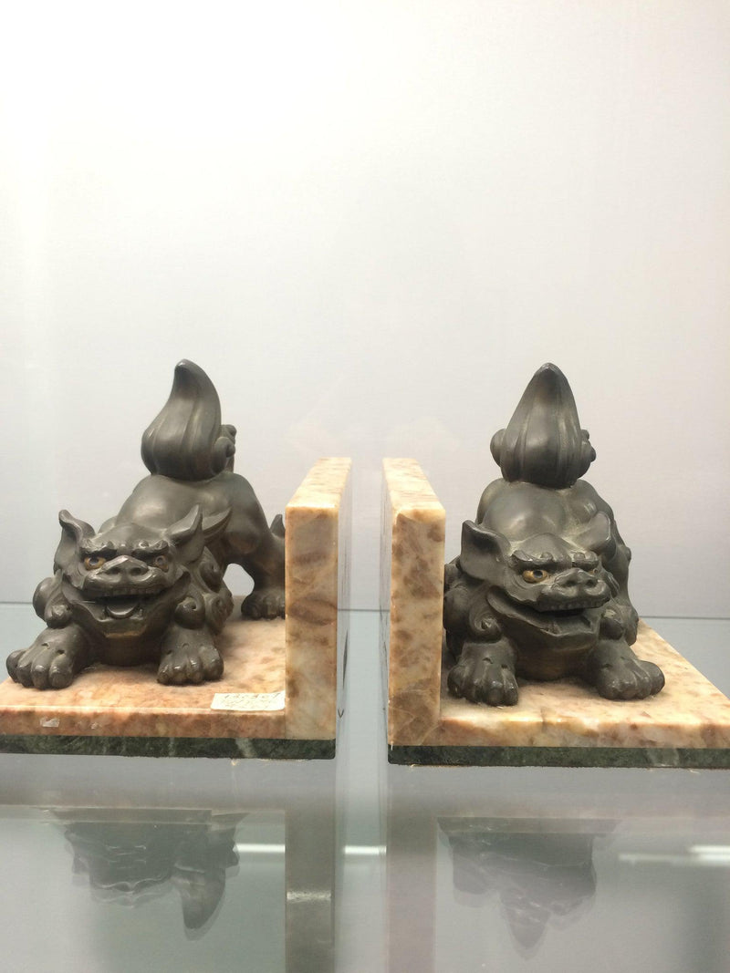 Japanese bronze on marble book ends (pair)