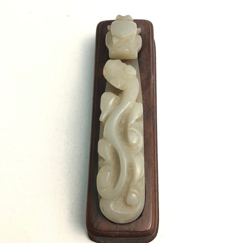 Chinese Greyish-White Jade Belt Hook of A Chilong Crawling Towards The Dragon Head, Rosewood Stand, Early 20th Century, 8.5cm