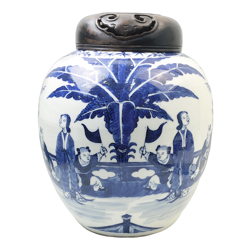 Chinese Blue and White Jar with Wooden Lid