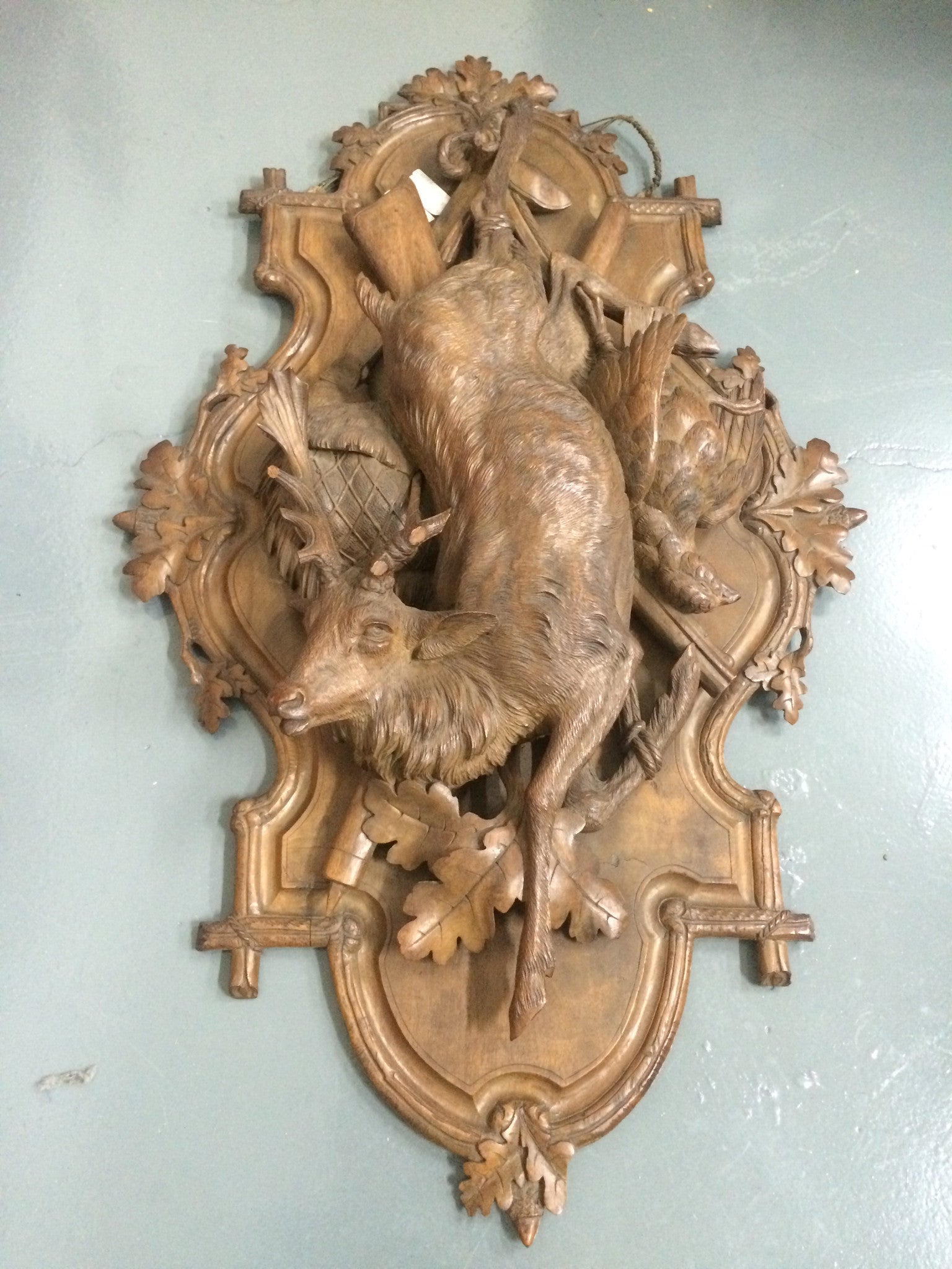 Antique 19th Century German Black Forest Carved Basswood Plaque of Hunting Scene