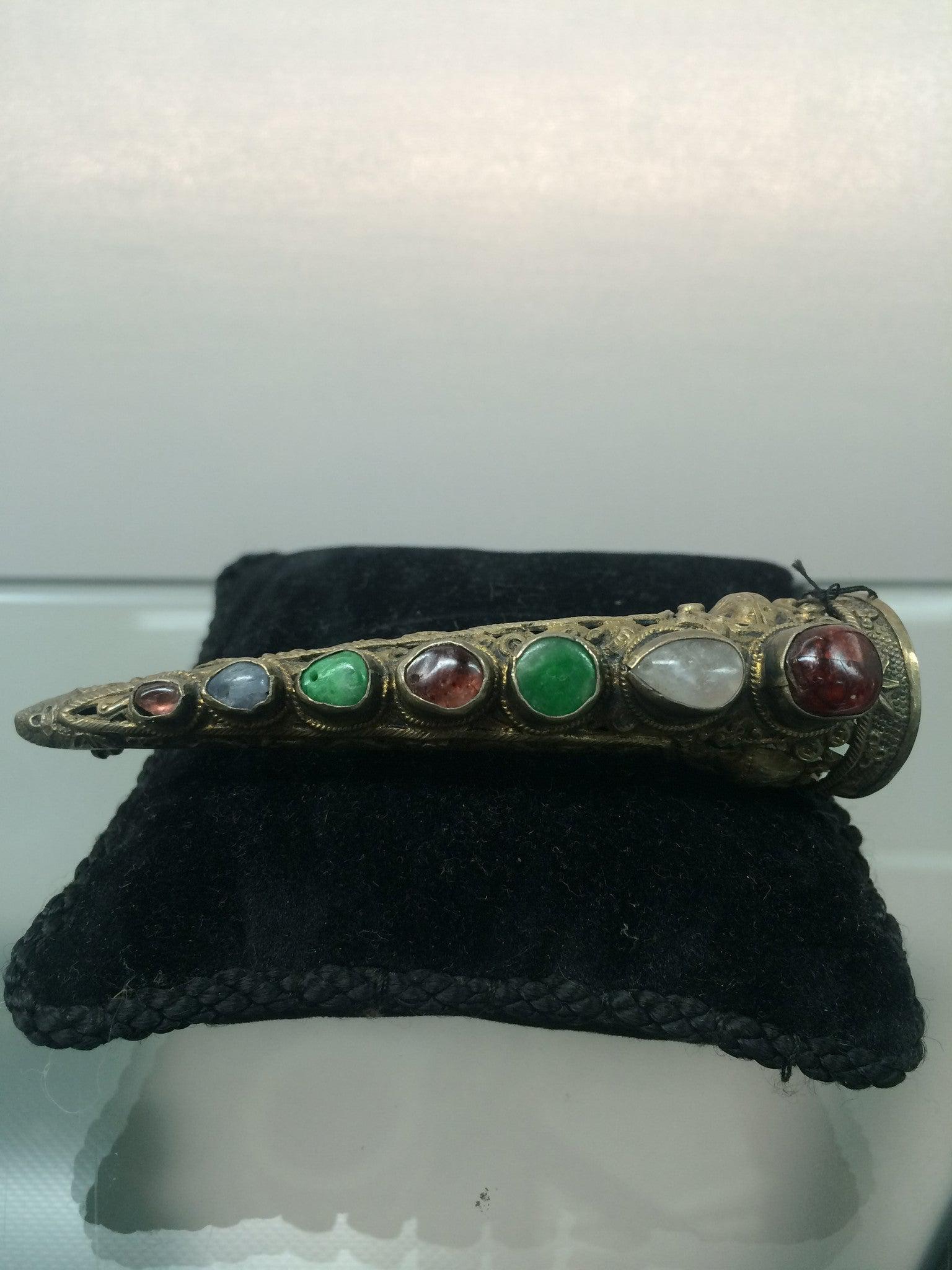 Chinese silver gilt nail guard with stone inlay