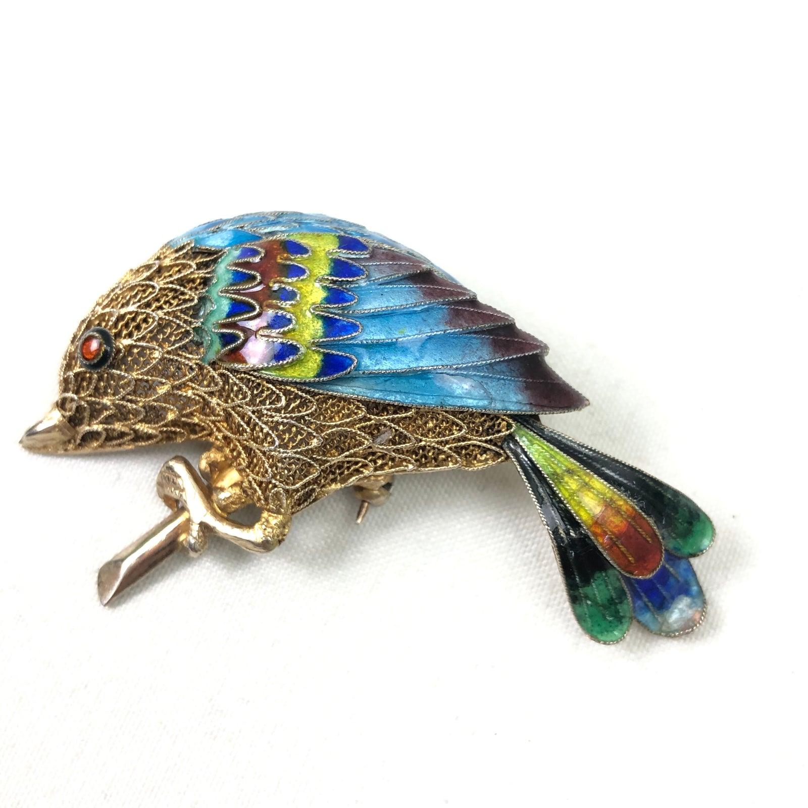 Chinese silver filigree enameled brooch