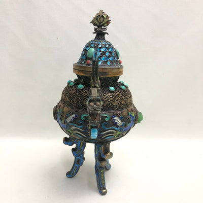 Chinese Silver Filigree Gilt And Enamelled Tripod Incense Burner, With Inlaid Semi Precious Stones, 19cm High, 19th Century, Good Condition With Minor Age Wear.
