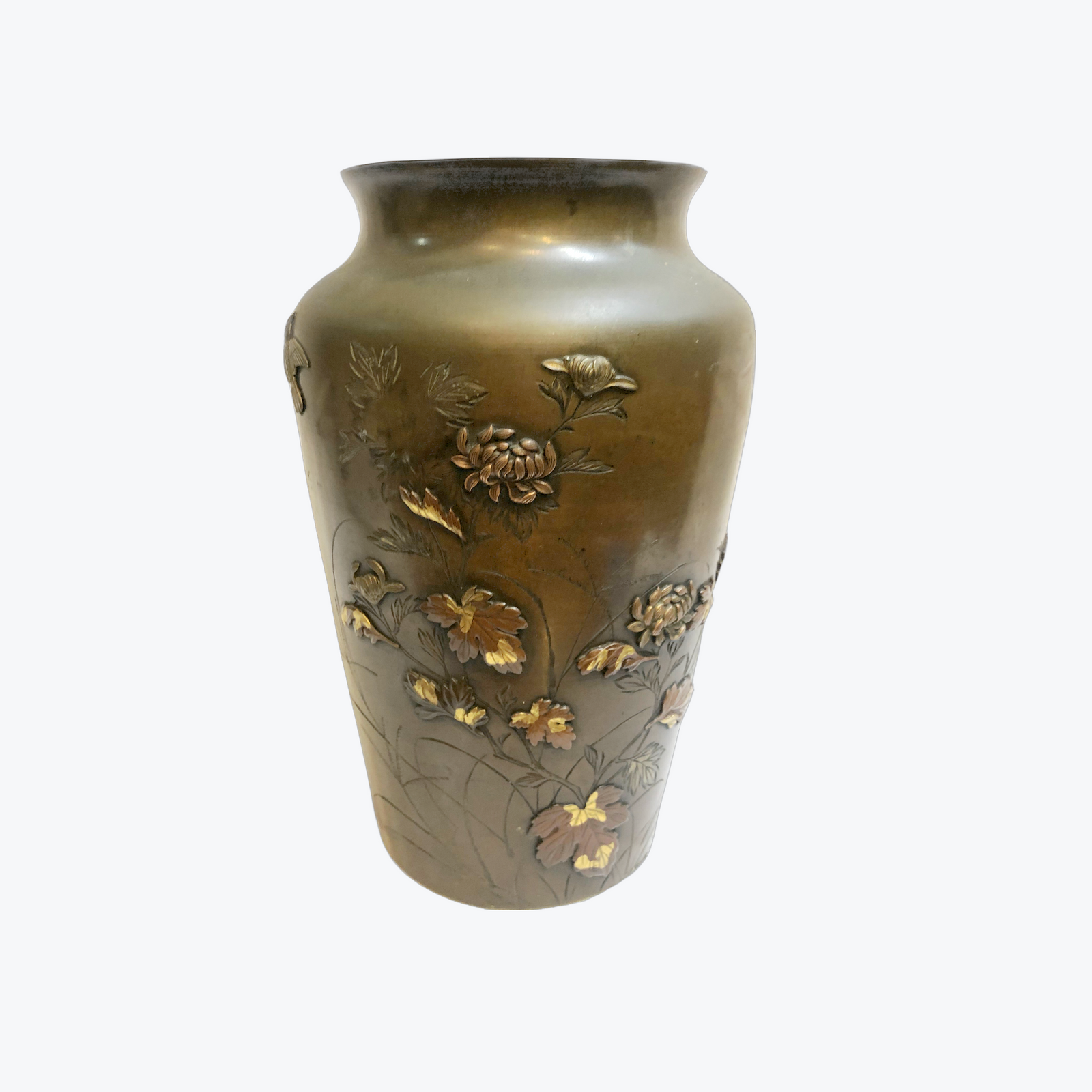 Japanese Mixed Metal Bronze Vase with Birds and Flowers Design, Meiji Period, 24cm High