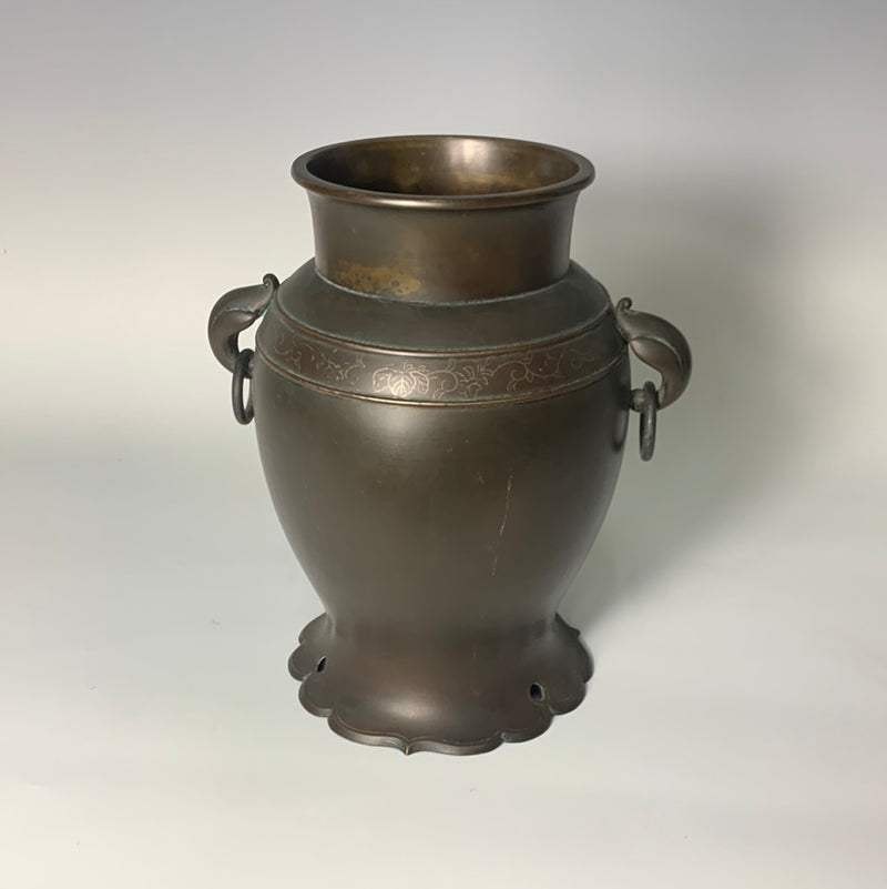 Japanese Bronze Vase With Silver Inlay - Meiji Period